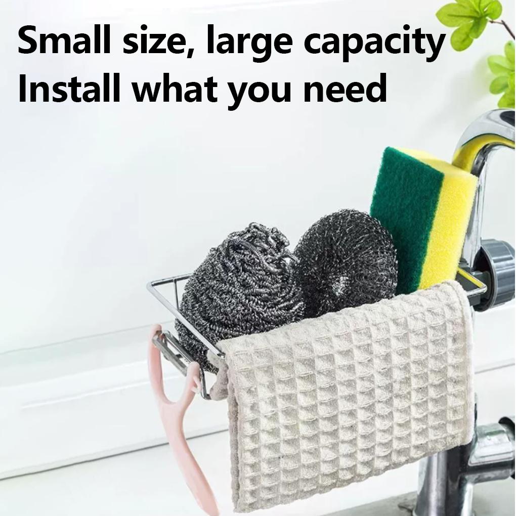 2PCS Kitchen Sink Faucet Organizer, Adjustable Detachable Sponge Holder, Soap Kitchen Sink Drain Rack，Rustproof Stainless, Towel Hook Bathroom Universal