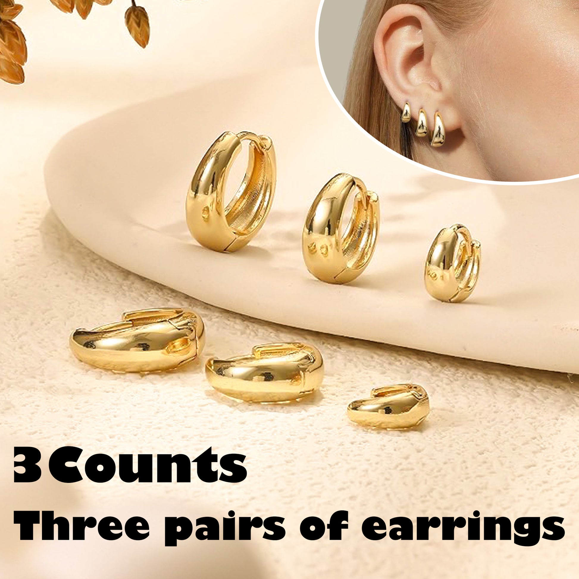 3 Counts Women's Post Earrings,Plated trendy small lightweight chunky gold/silver hoops earrings set  earrings pack stack