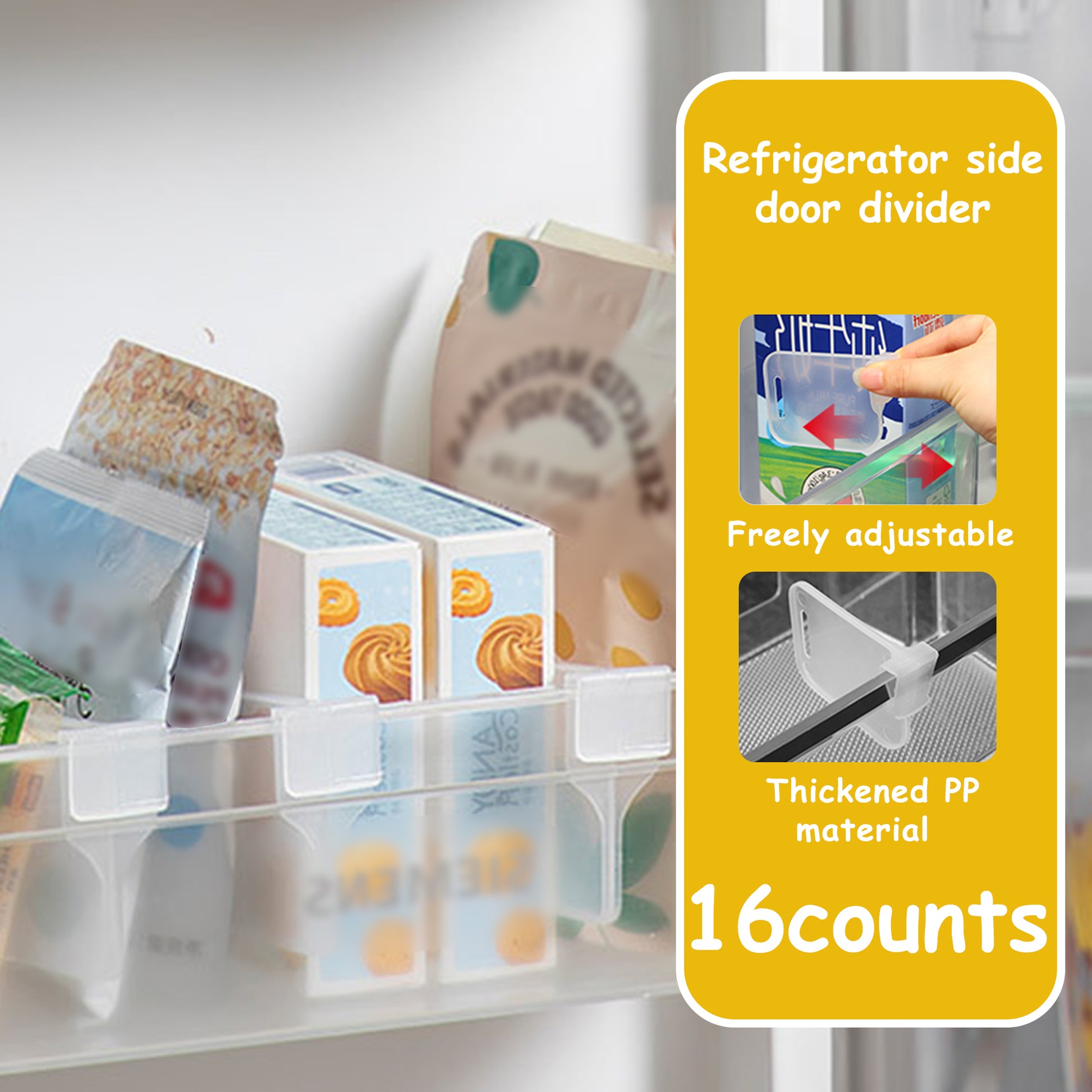 16 Counts Cabilock Fridge Space Allocator, Snap-On Design for Easy Installation on Refrigerator Shelves，Compact Size for Efficient Space Utilization
