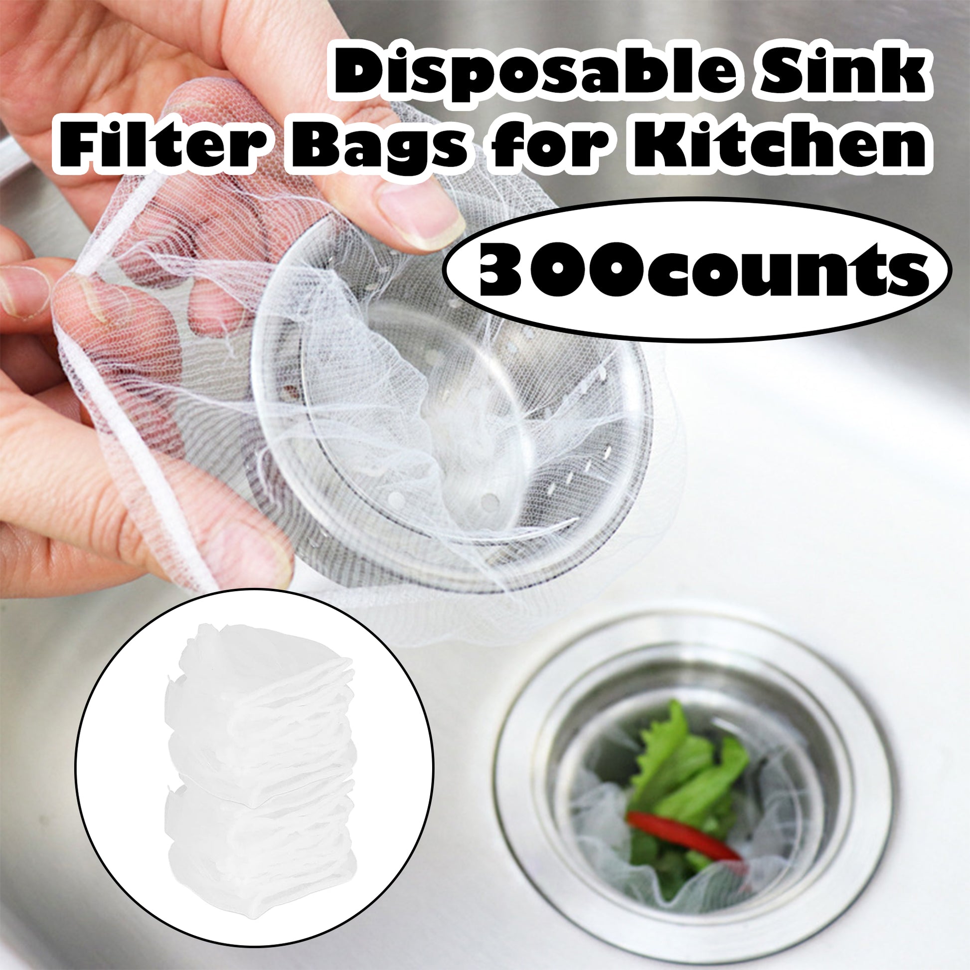 300 Counts Kitchen Disposable Mesh Sink Strainer Bag, Blocks Hair and Food Residue, Disposable Design for Easy Replacement,Practical for Regular Cleaning