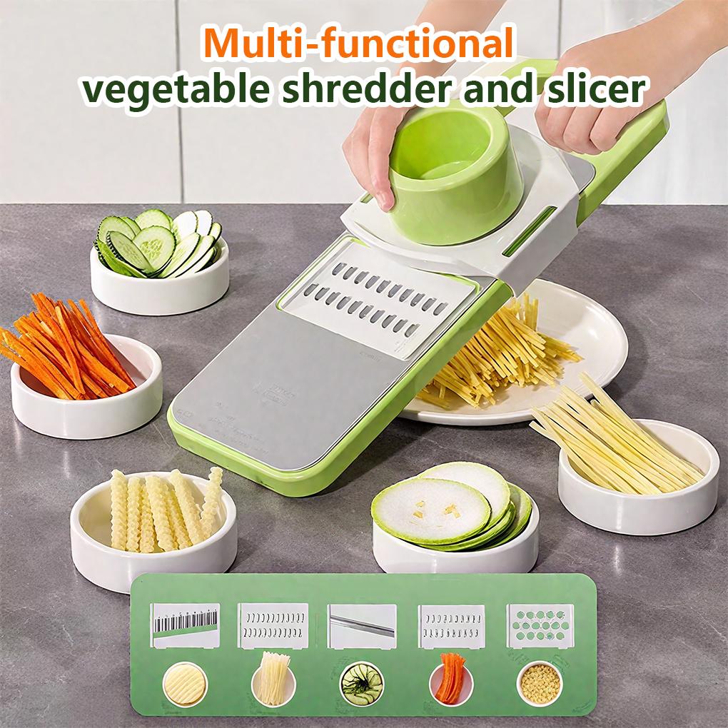 5 in 1 Vegetable Cutter with Cheese Grater, Adjustable Stainless Steel Blade, Comfort Grip, Safety Features, Easy to Clean, Carrot Grater, Cabbage Shredder, Cucumber Slicer - Stainless Steel Mandoline Slicer for Kitchen