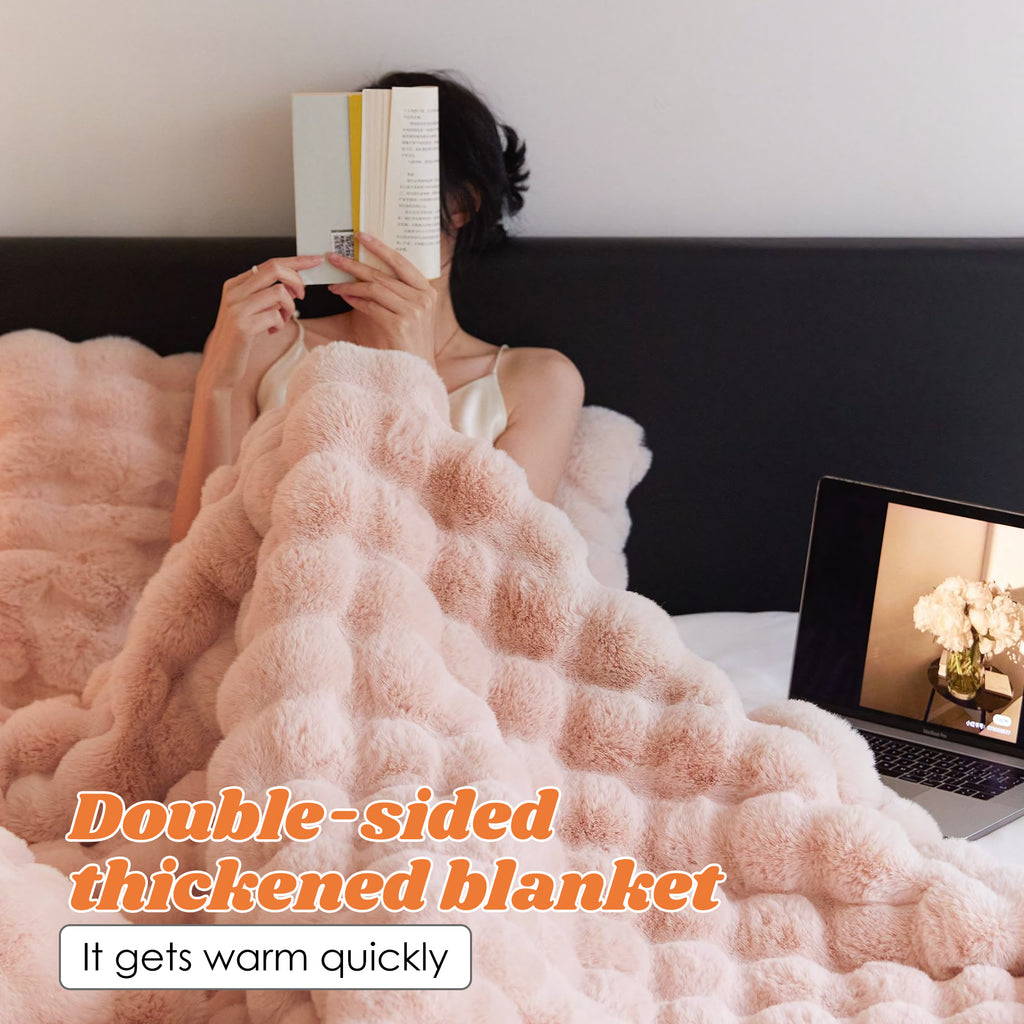 1 Count Soft Faux Fur Throw Blanket, thick pile construction for couch use and bedroom ornament,  long pile surface for tactile comfort and visual appeal
