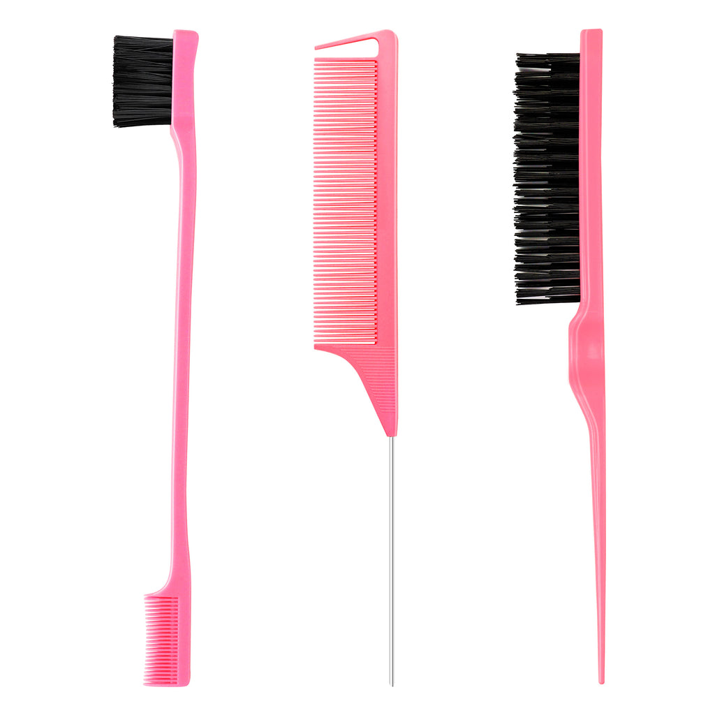 3 Counts Pink Hair Styling Brush Set with Slick Back, Edge Control & Rat Tail Teasing Comb for Women & Kids, Rat-Tail Design Enables Precise Sectioning & Efficient Hair Styling