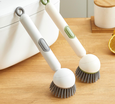 6-in-1 Dish Brush with Detergent Dispenser Boasts adjustable angle and rotating scrub function, suitable for cleaning pots, pans, dishes and utensils. Equipped with a wall mount, it’s ideal for use on kitchen sink, stove and