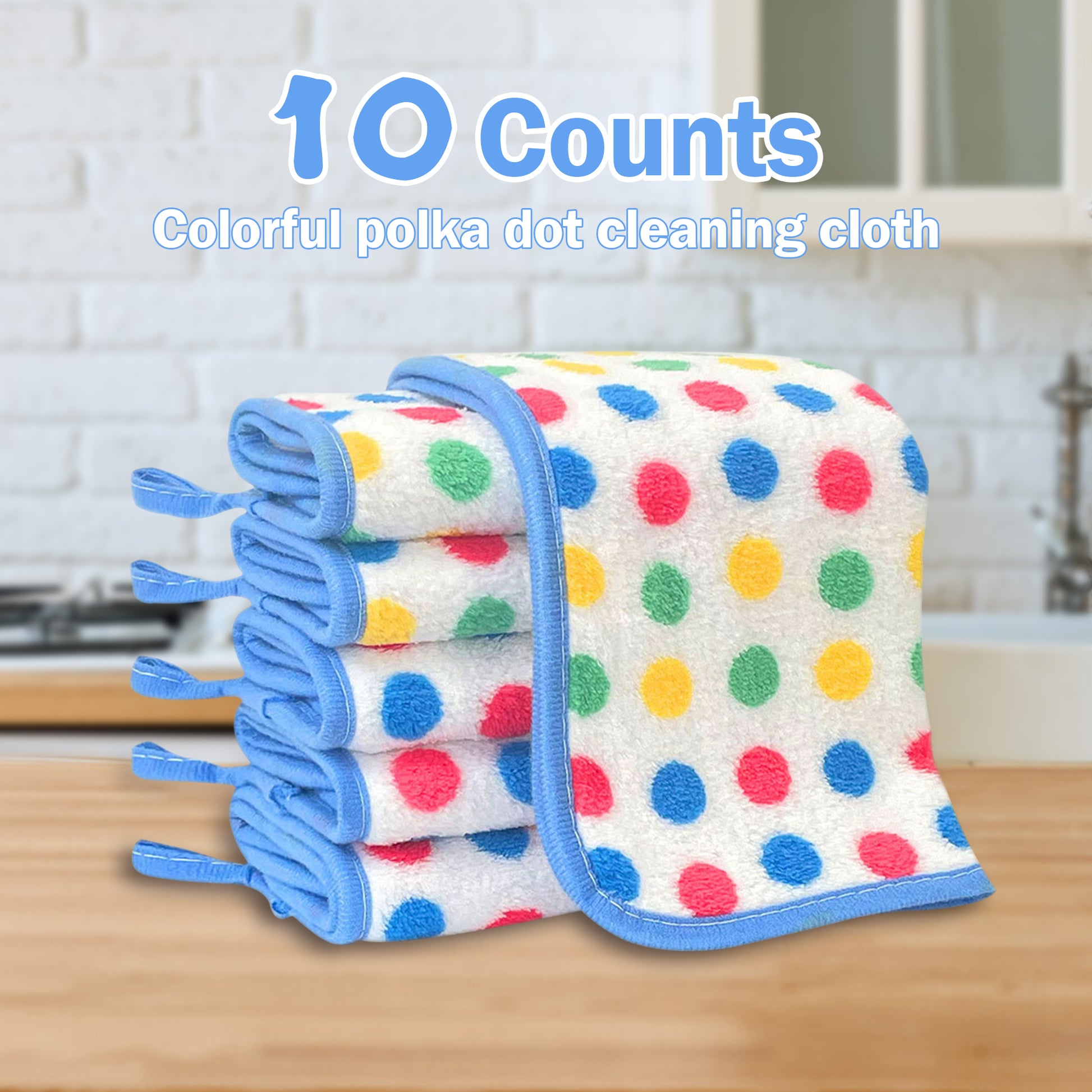 10 Counts Thick Absorbent Kitchen Towels , Colorful Dot Design , Coral Fleece Material , High Absorption Capacity,Sanitary Kitchen Use