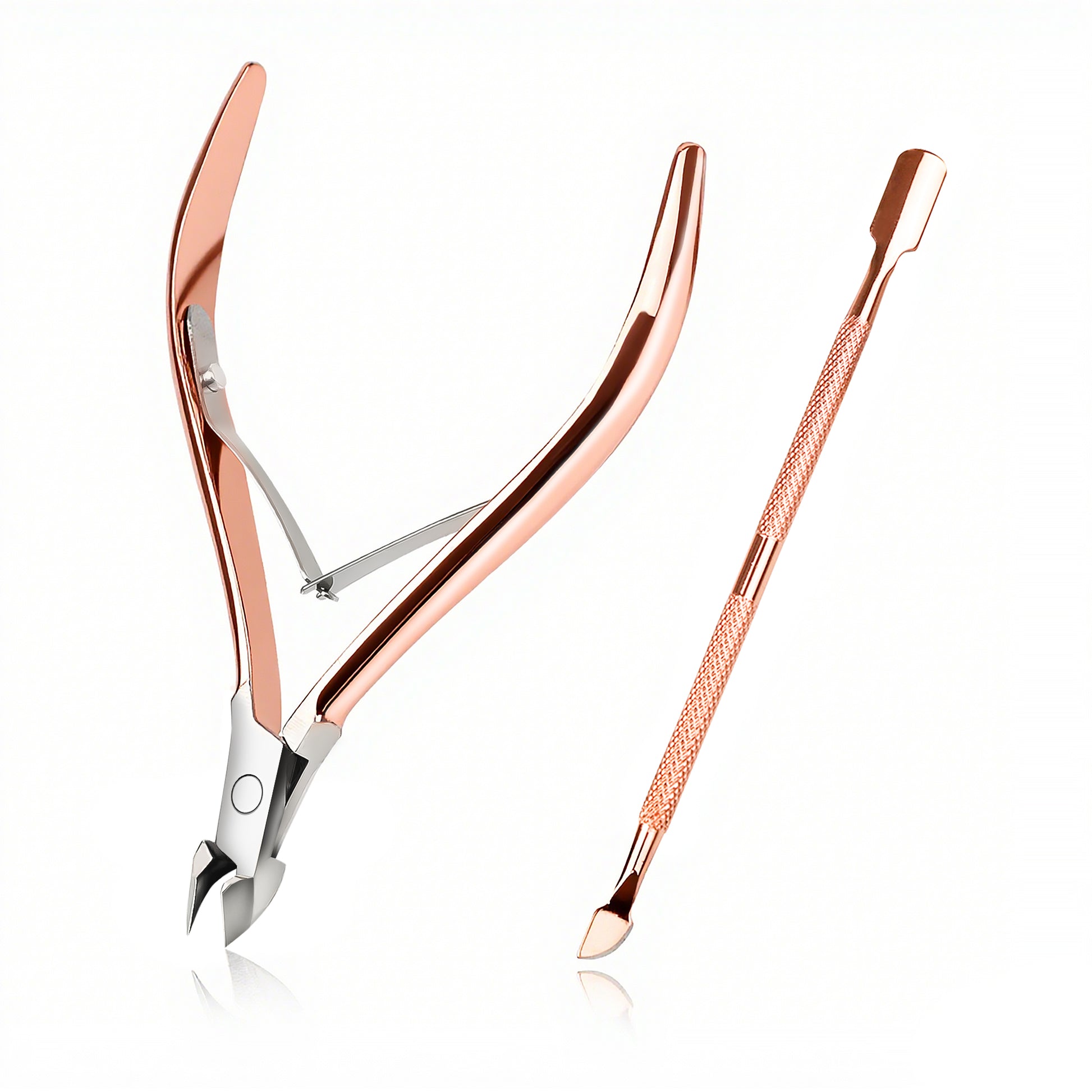 2 Counts Professional Rose Gold Cuticle Tools Set, features Cuticle Nipper and Pusher  designed for manicure and pedicure of fingernails and toenails