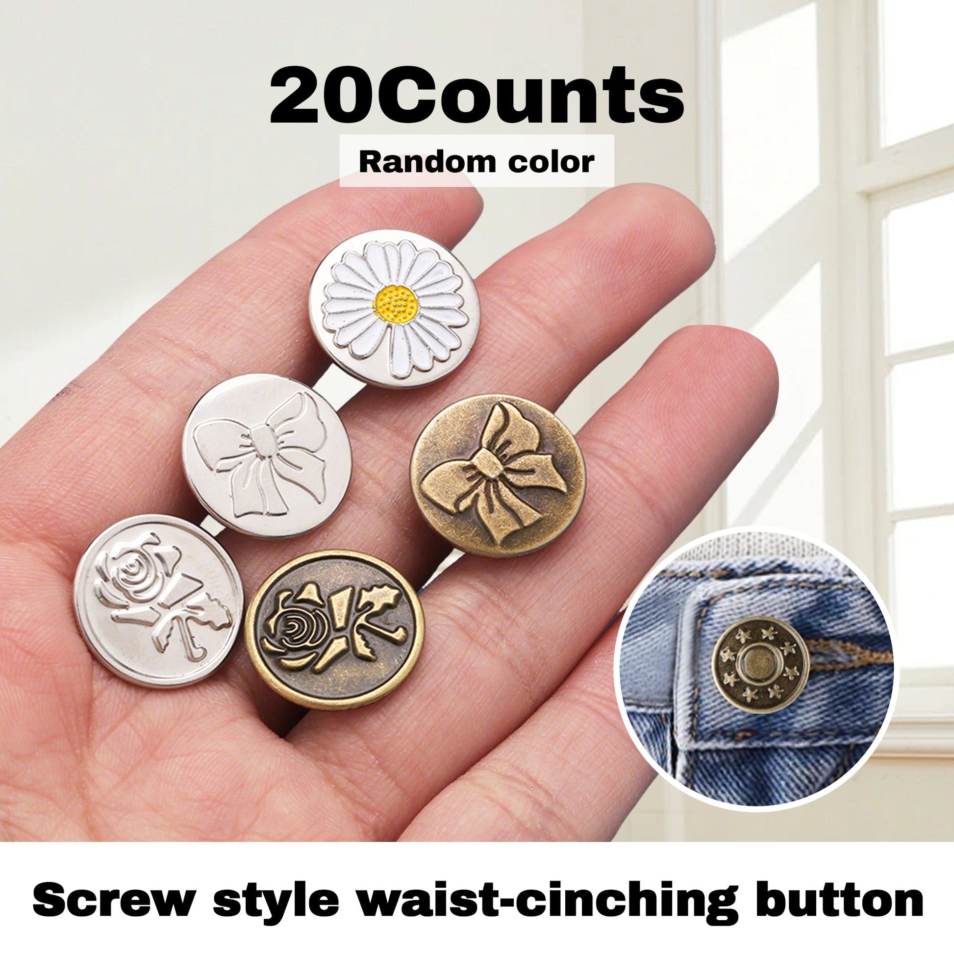 20 Counts Jeans Buttons Replacement ,Metal Adjustable Buttons , Pants & Skirts Application，Random Style
