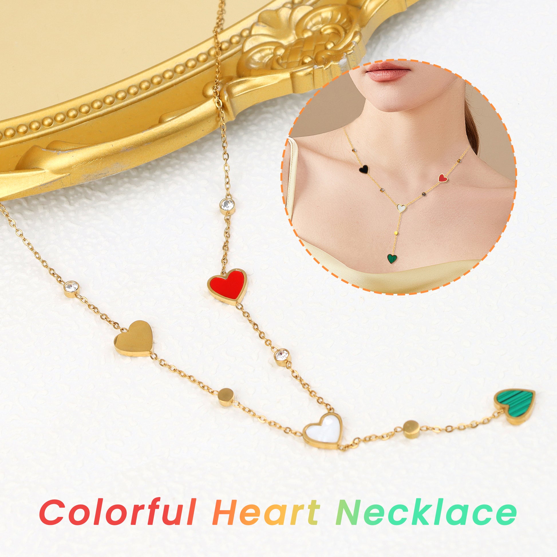 1 Count colorful Heart Pendant- Shaped Stainless Steel Necklace with Beaded ,Gold