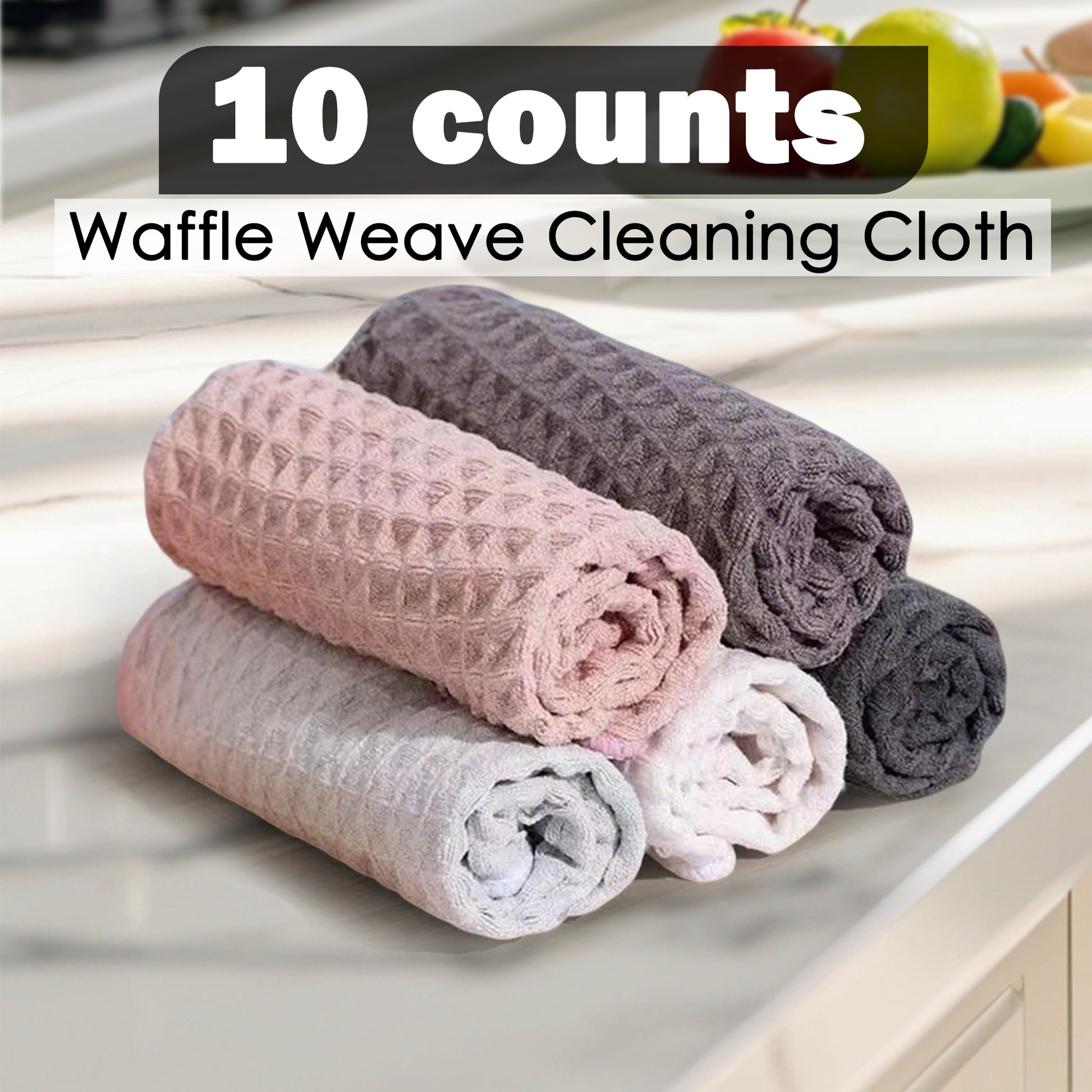 10 Counts Waffle Weave Cleaning Cloths, Waffle Grid Design for Rich Lather with Less Soap，Machine Washable for Long-Term Reusable Use， Random Color