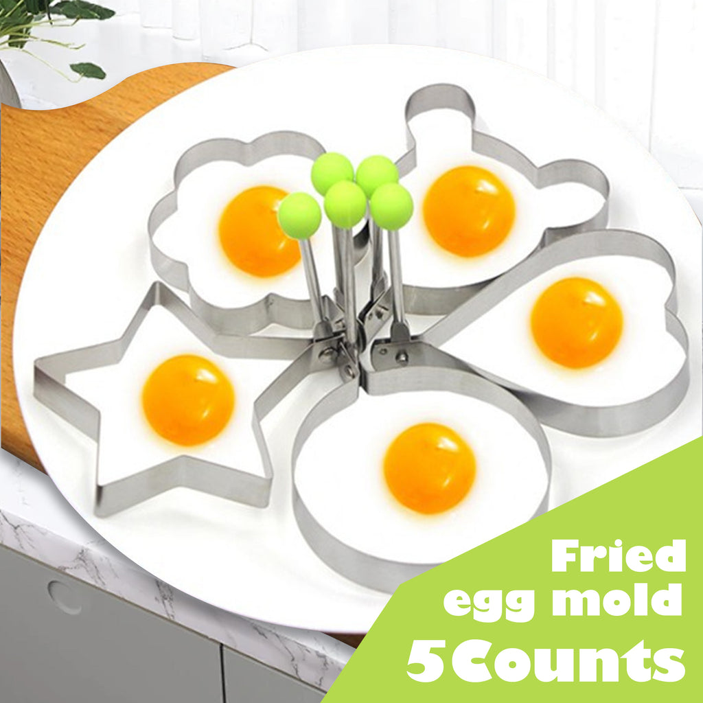 5 Counts Set Fried Egg Rings Molds Non Stick for Griddle Pan, Stainless Steel Pancake Mold for Omelettes & Fried Eggs — Easy to Use & Clean, Various Shapes