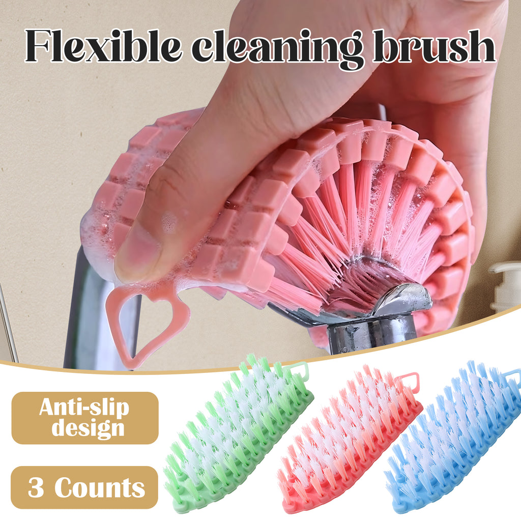 3 Counts Flexible Cleaning Brush, non-slip handle for wet surfaces, kitchen and bathroom cleaning tool, bendable head for rounded sinkss
