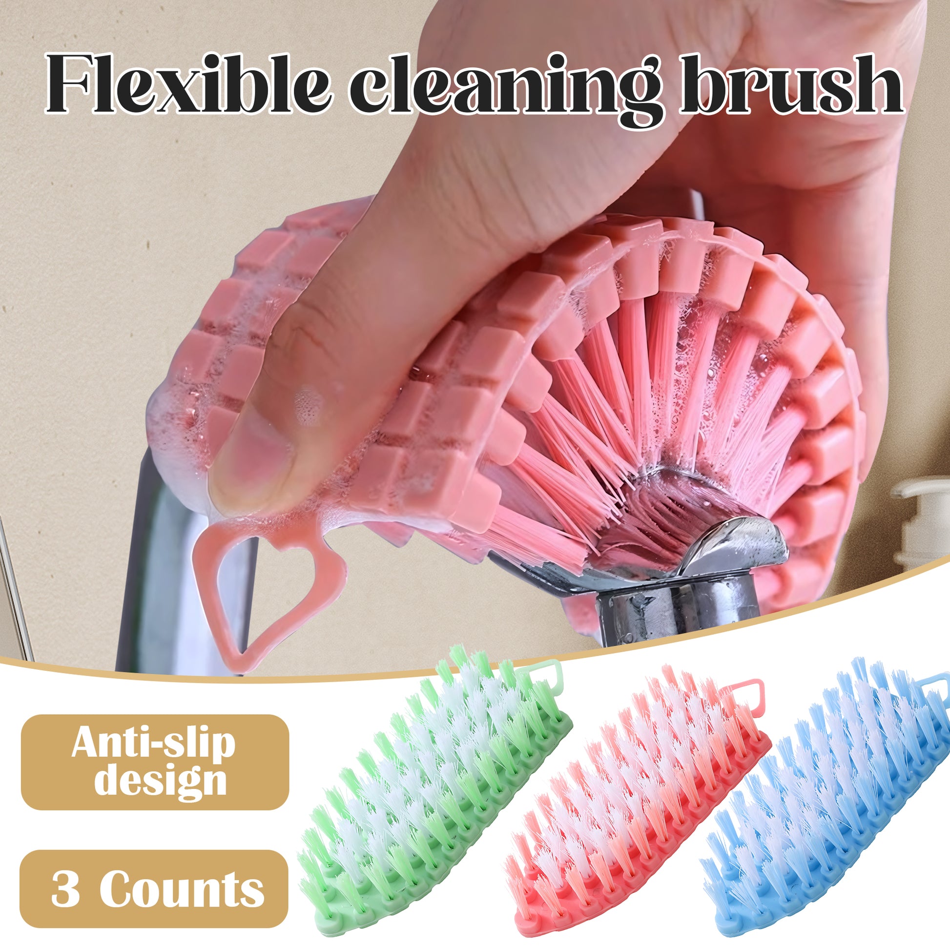 3 Counts Flexible Cleaning Brush, non-slip handle for wet surfaces, kitchen and bathroom cleaning tool, bendable head for rounded sinkss