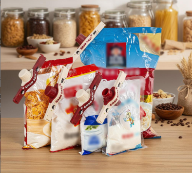 pack of two,Snack Clamp Organizer & Food Bag Clips – 13.7x3.5x5cm/5.39x1.38x1.97in, with Kitchen Spout, Resealable Pouring Design, Easy Grip for Kids & Seniors, Suitable for Travel, Home & Dorm Storage