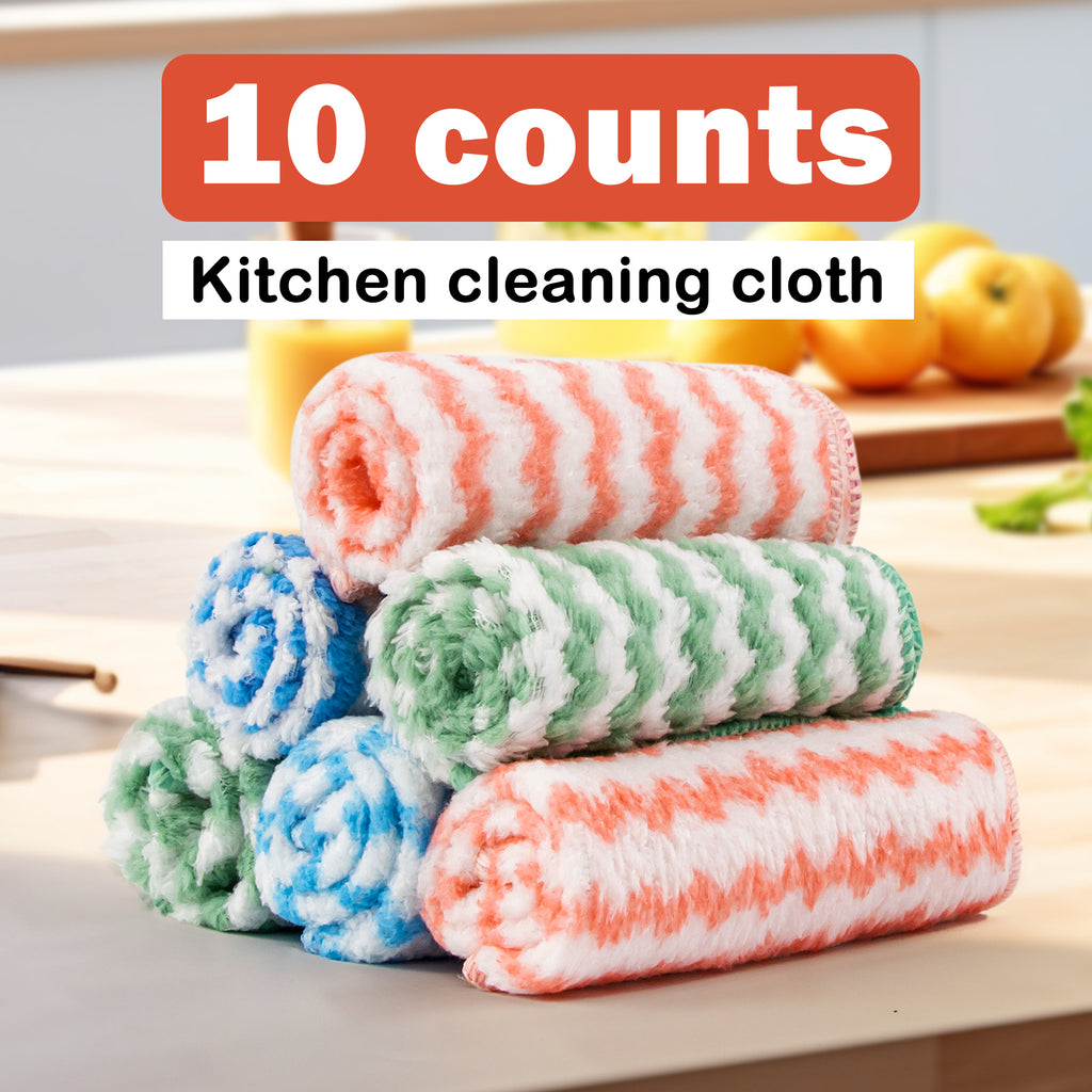 10 Counts Microfiber Cleaning Cloth, Kitchen Towels Absorbent Streak Free Cleaning Towels for Dish Drying Washing, 9.84" x 9.84" Striped Washable and Reusable Towels Random Color