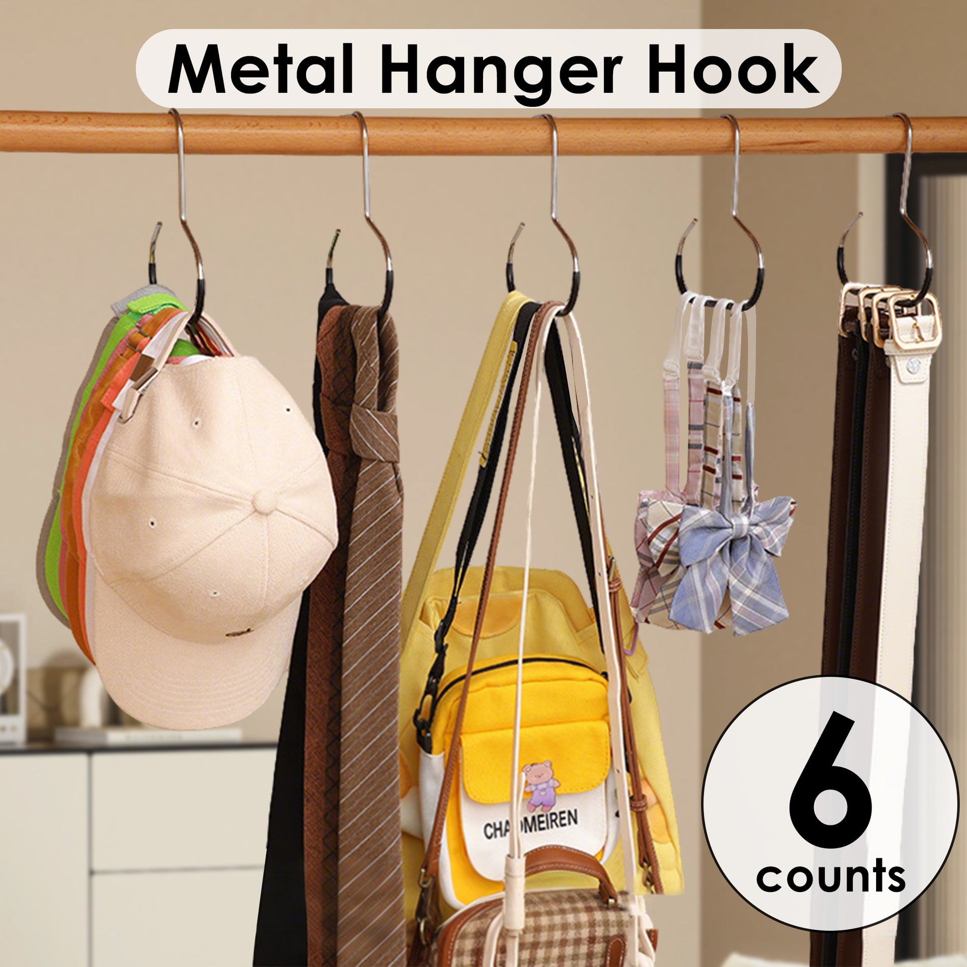 6 Counts Hat Organizer , Stainless Steel Construction,No Installation Required , Space-Saving Design，black