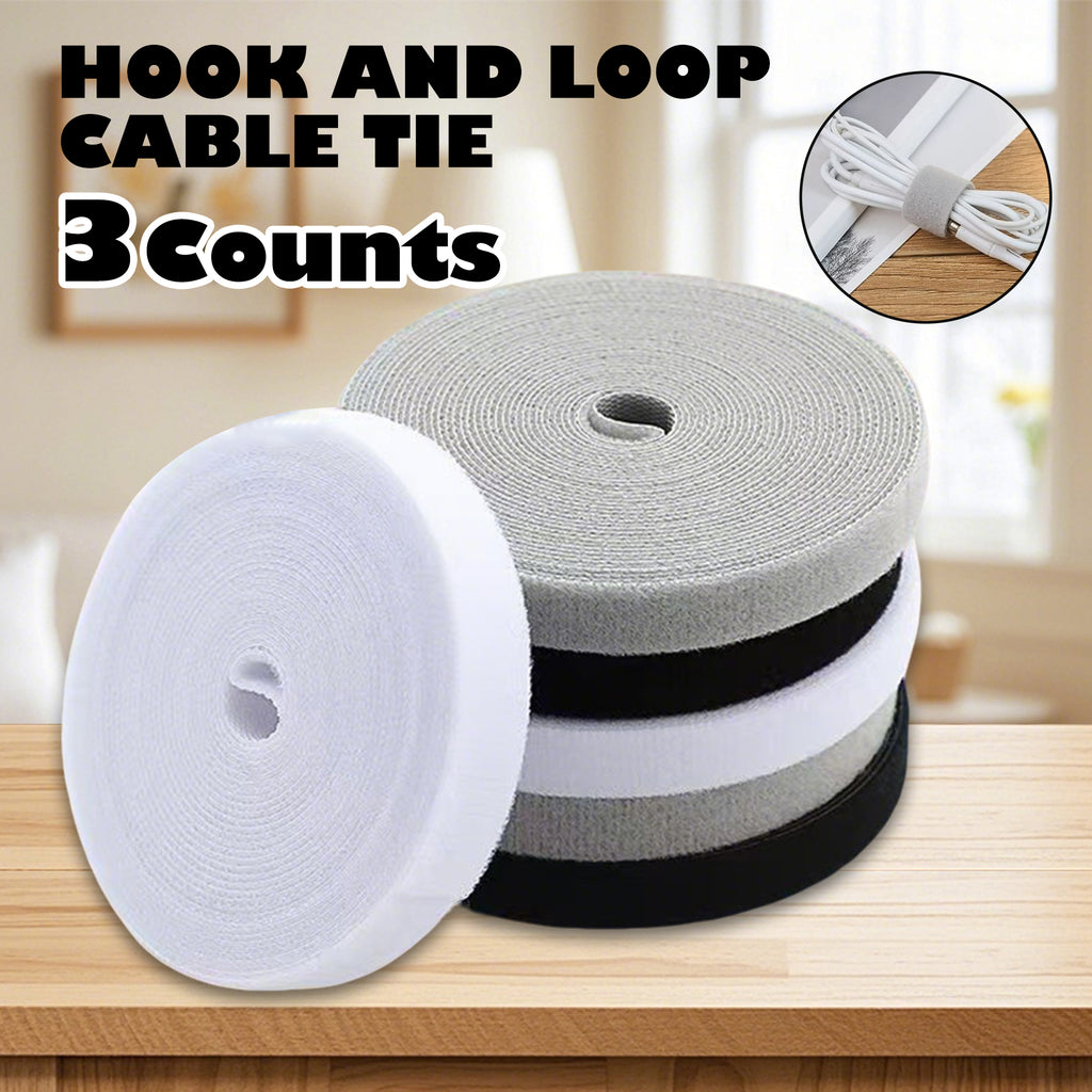 3 Count Reusable Fastening Tape Cable Ties,double-sided hook and loop design for custom length, adjustable strap roll for office and home cable management,  Grey&Black&White