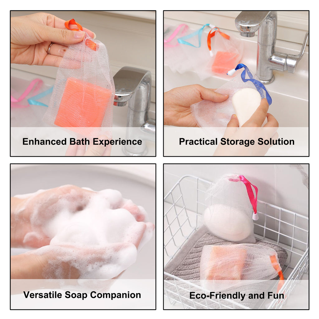 10 Counts Exfoliating Bar Soap Pouch, Double Layer Thicken Foam Net, Bubble Mesh Bags, Soap Saver Sack, Drawstring Holder Bags for Bath & Shower, Random Color