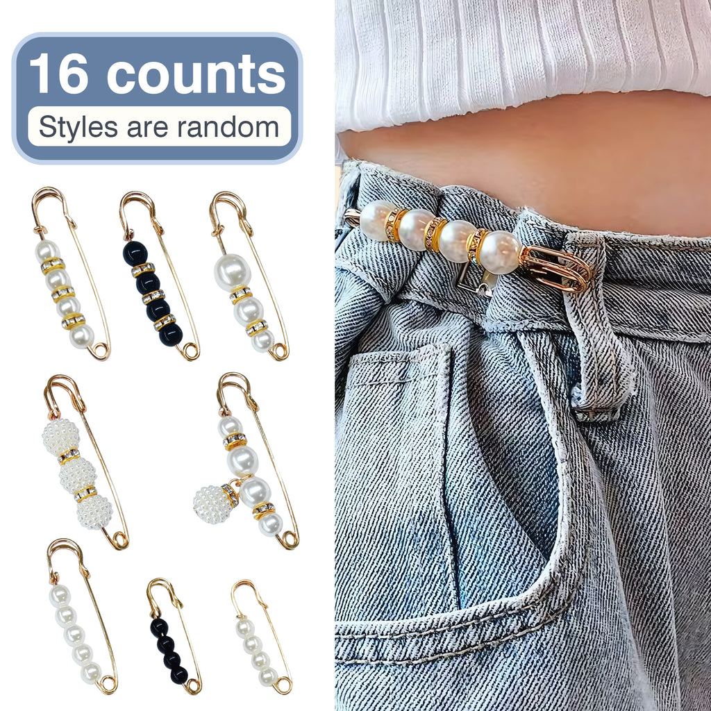 16 Counts Pearl Brooch ,Secure Pin Closure,Waist Tightening Function, Elegant Pearl Embellishment ,Clothing Decoration & Adjustment,Random Style