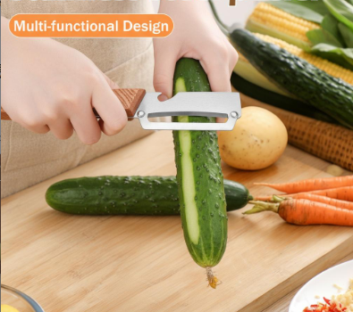 Premium Vegetable & Fruit Peeler With wooden handle and stainless steel blade, plus built-in bottle opener. Ideal for apples, potatoes, pumpkins, papayas and zucchinis.