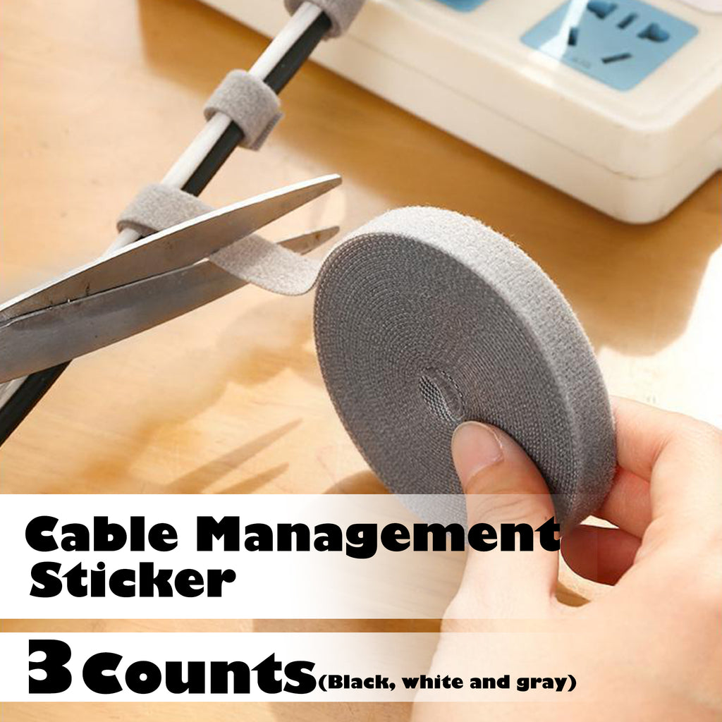 3 Count Reusable Fastening Tape Cable Ties,double-sided hook and loop design for custom length, adjustable strap roll for office and home cable management,  Grey&Black&White