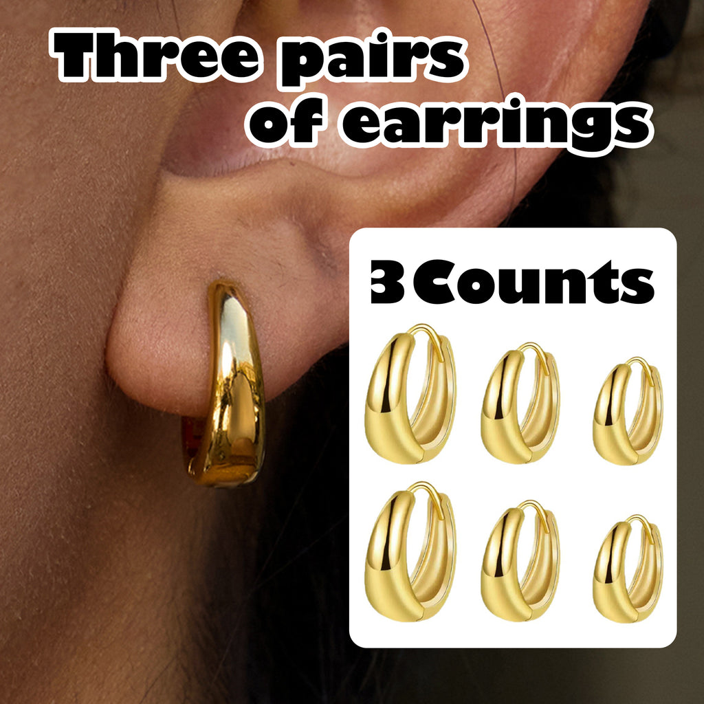 3 Counts Women's Post Earrings,Plated trendy small lightweight chunky gold/silver hoops earrings set  earrings pack stack