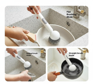 6-in-1 Dish Brush with Detergent Dispenser Boasts adjustable angle and rotating scrub function, suitable for cleaning pots, pans, dishes and utensils. Equipped with a wall mount, it’s ideal for use on kitchen sink, stove and