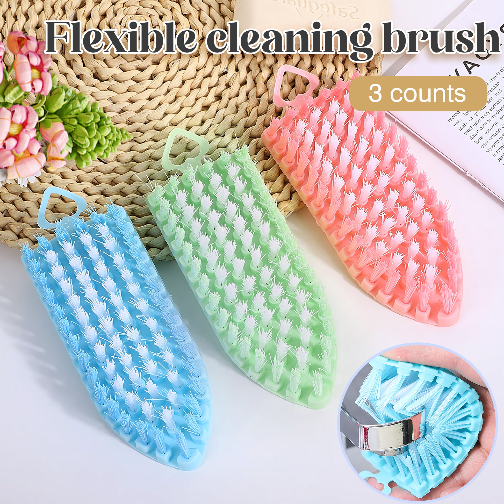 3 Counts Flexible Cleaning Brush, non-slip handle for wet surfaces, kitchen and bathroom cleaning tool, bendable head for rounded sinkss