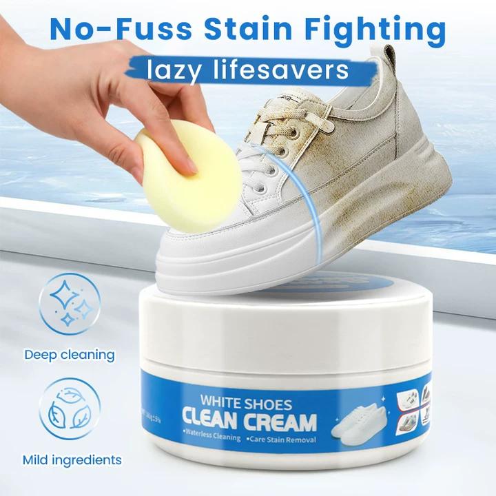 Multipurpose White Shoe Cleaner Cream – No-Wash Solid Cleaner with Sponge, Removes Stains, Suitable for Leather, Silicone & Car Interiors