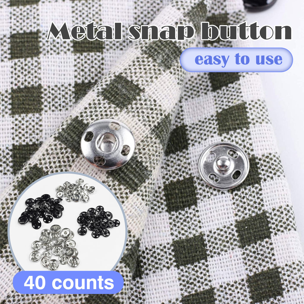 40 Counts Sew-on Snap Buttons, Dual-Size Metal Fasteners for Clothing & DIY Crafts (Silver & Black)