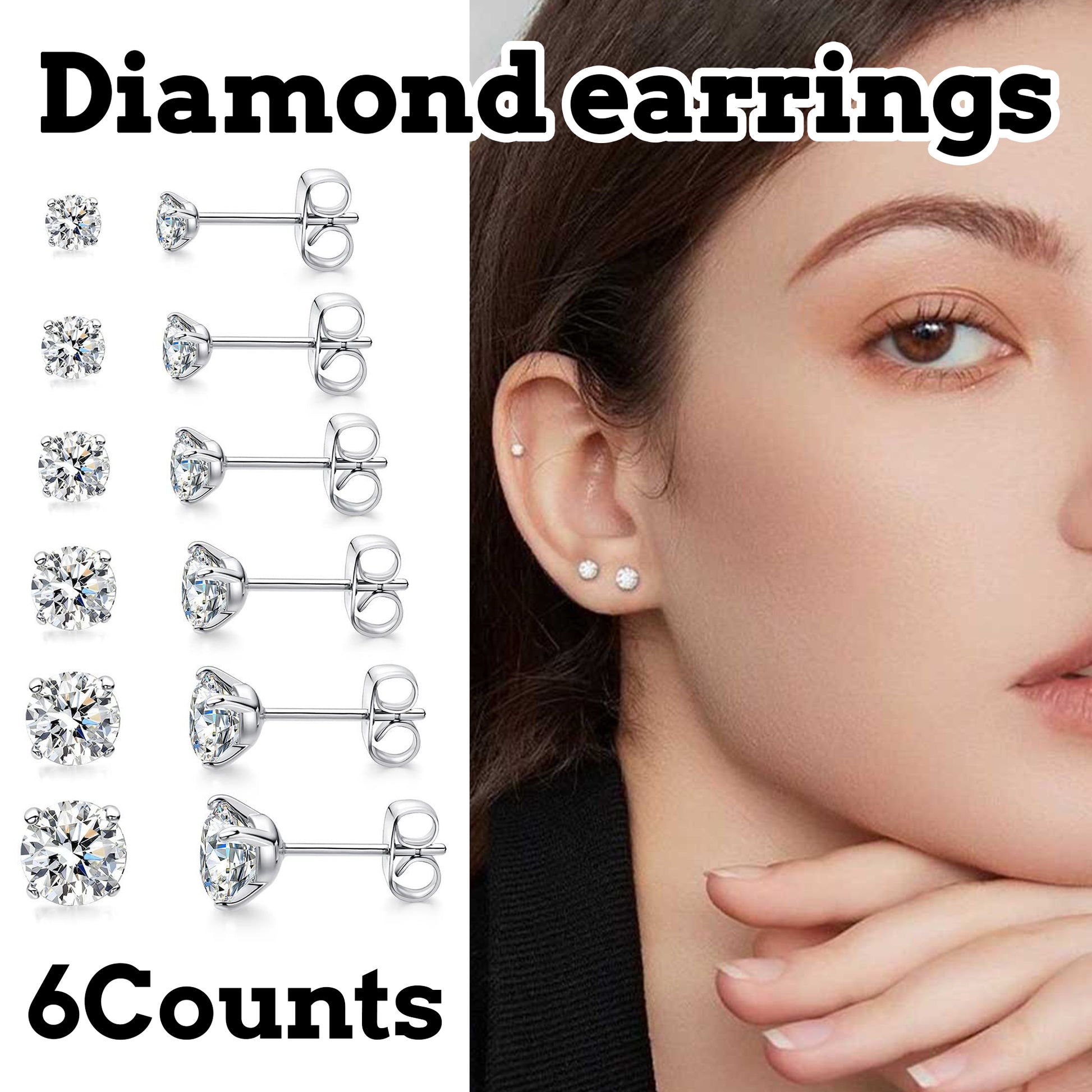 6 Counts Women's Silver Stud Earrings, 3-8mm options, durable material, fits daily and special occasions