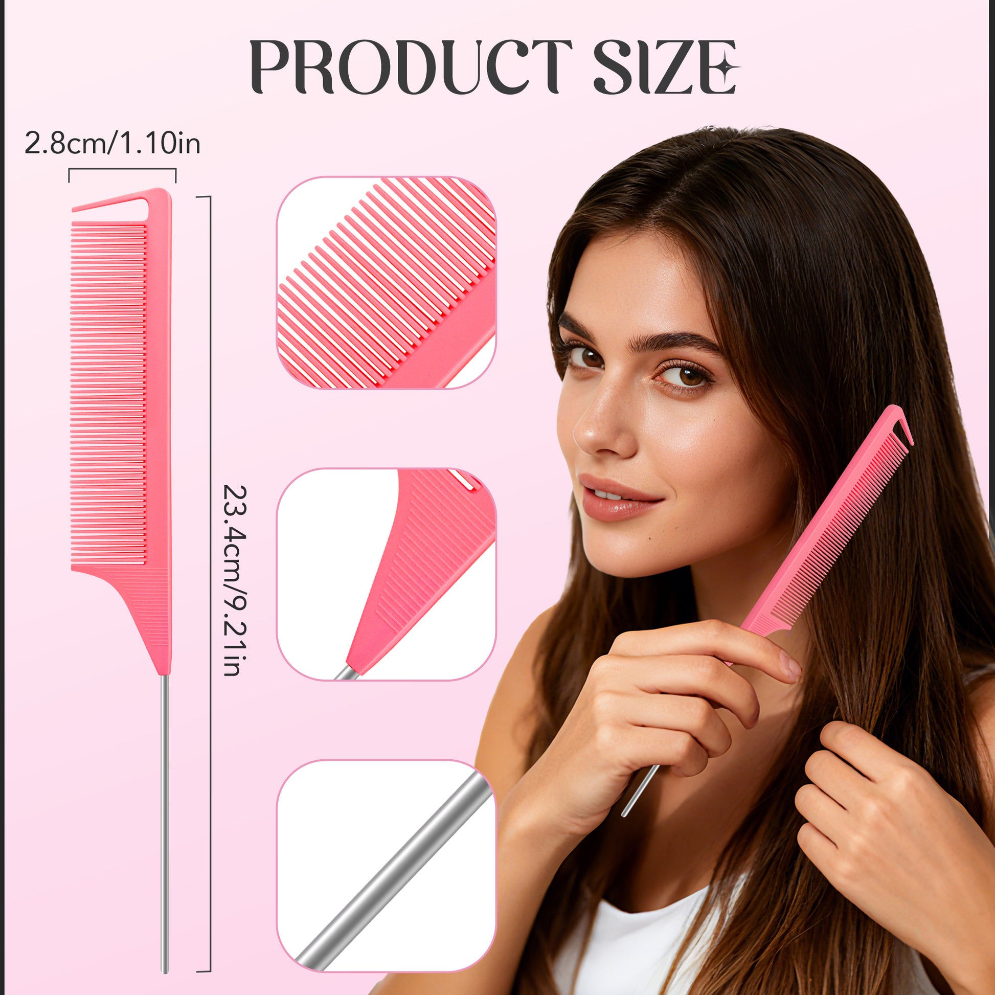 3 Counts Rat Tail Combs with Hook - Professional Fine Tooth Combs for Hair Styling, Parting, and Sectioning - for Home Hair Styling Routines