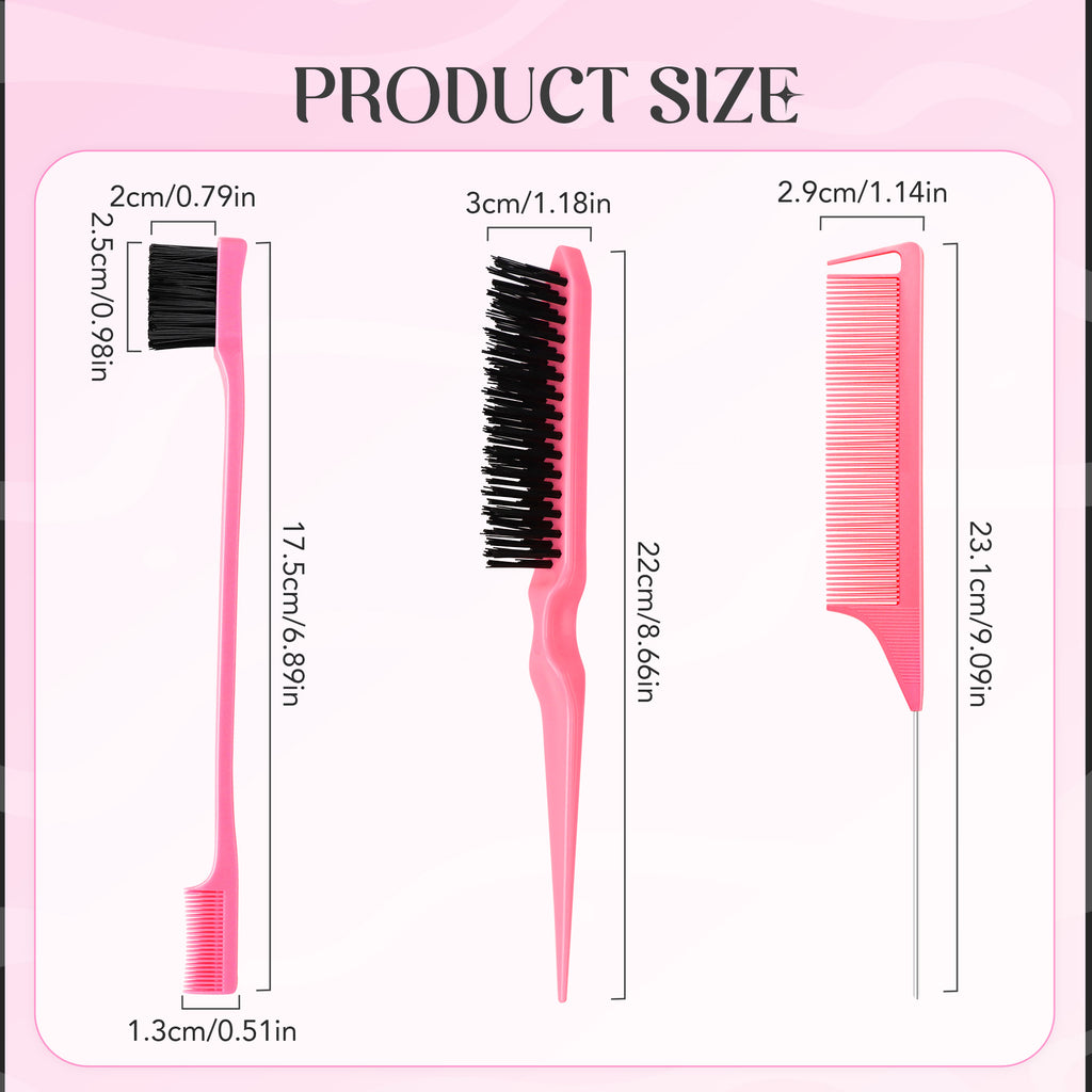 3 Counts Pink Hair Styling Brush Set with Slick Back, Edge Control & Rat Tail Teasing Comb for Women & Kids, Rat-Tail Design Enables Precise Sectioning & Efficient Hair Styling