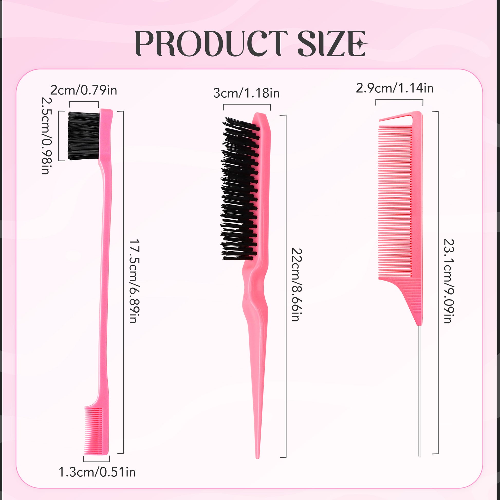3 Counts Pink Hair Styling Brush Set with Slick Back, Edge Control & Rat Tail Teasing Comb for Women & Kids, Rat-Tail Design Enables Precise Sectioning & Efficient Hair Styling