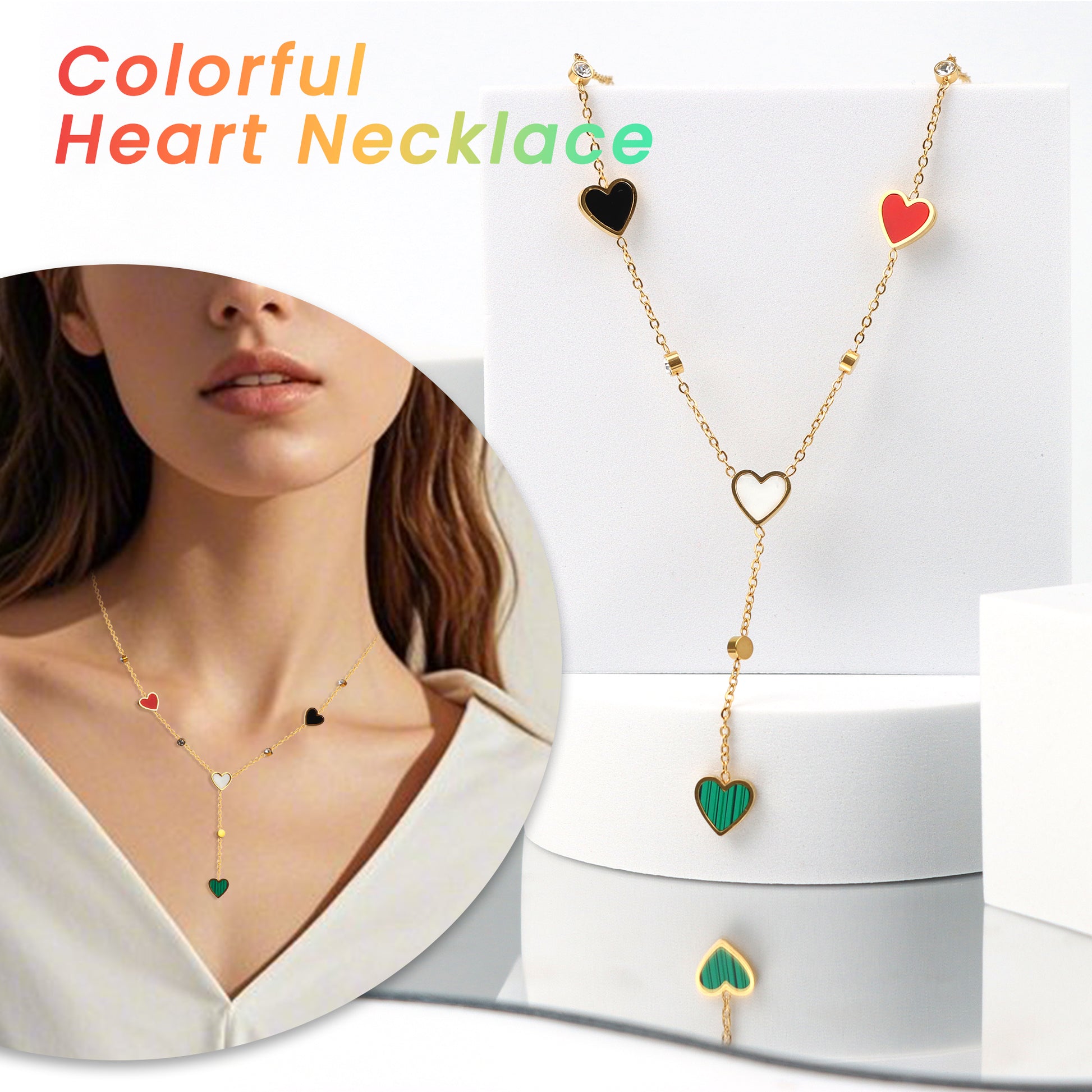 1 Count colorful Heart Pendant- Shaped Stainless Steel Necklace with Beaded ,Gold