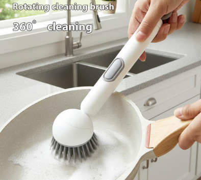 6-in-1 Dish Brush with Detergent Dispenser Boasts adjustable angle and rotating scrub function, suitable for cleaning pots, pans, dishes and utensils. Equipped with a wall mount, it’s ideal for use on kitchen sink, stove and