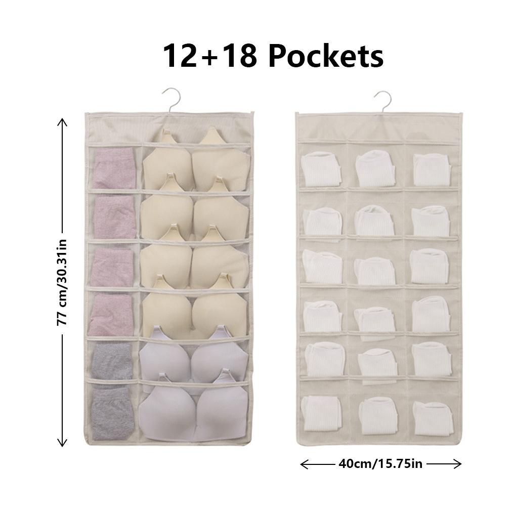 Bra and Underwear Closet Hanging Organizer,Closet Hanging Organizer with Mesh Pockets & Rotating Metal Hanger,Dual Sided Wall Shelf Wardrobe Storage Bags for Bra Socks Underwear Underpants (12+18 Pockets Beige)