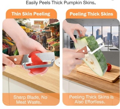 Premium Vegetable & Fruit Peeler With wooden handle and stainless steel blade, plus built-in bottle opener. Ideal for apples, potatoes, pumpkins, papayas and zucchinis.