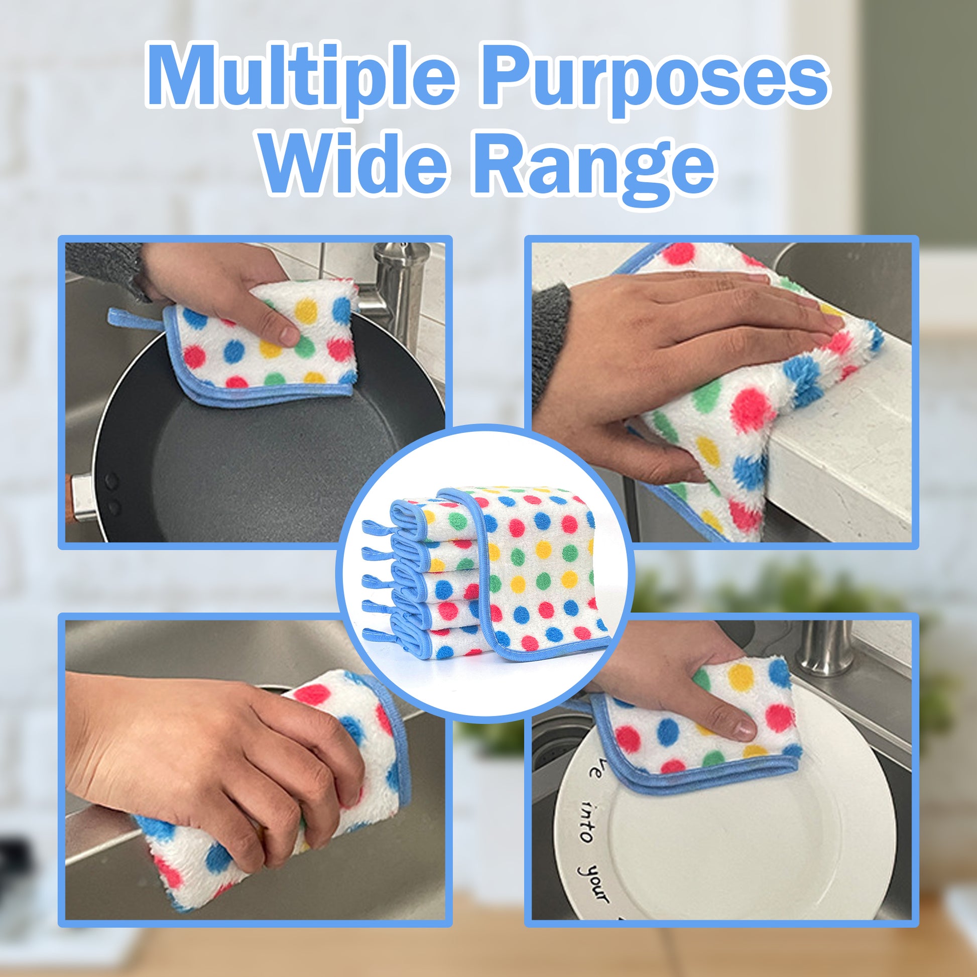 10 Counts Thick Absorbent Kitchen Towels , Colorful Dot Design , Coral Fleece Material , High Absorption Capacity,Sanitary Kitchen Use