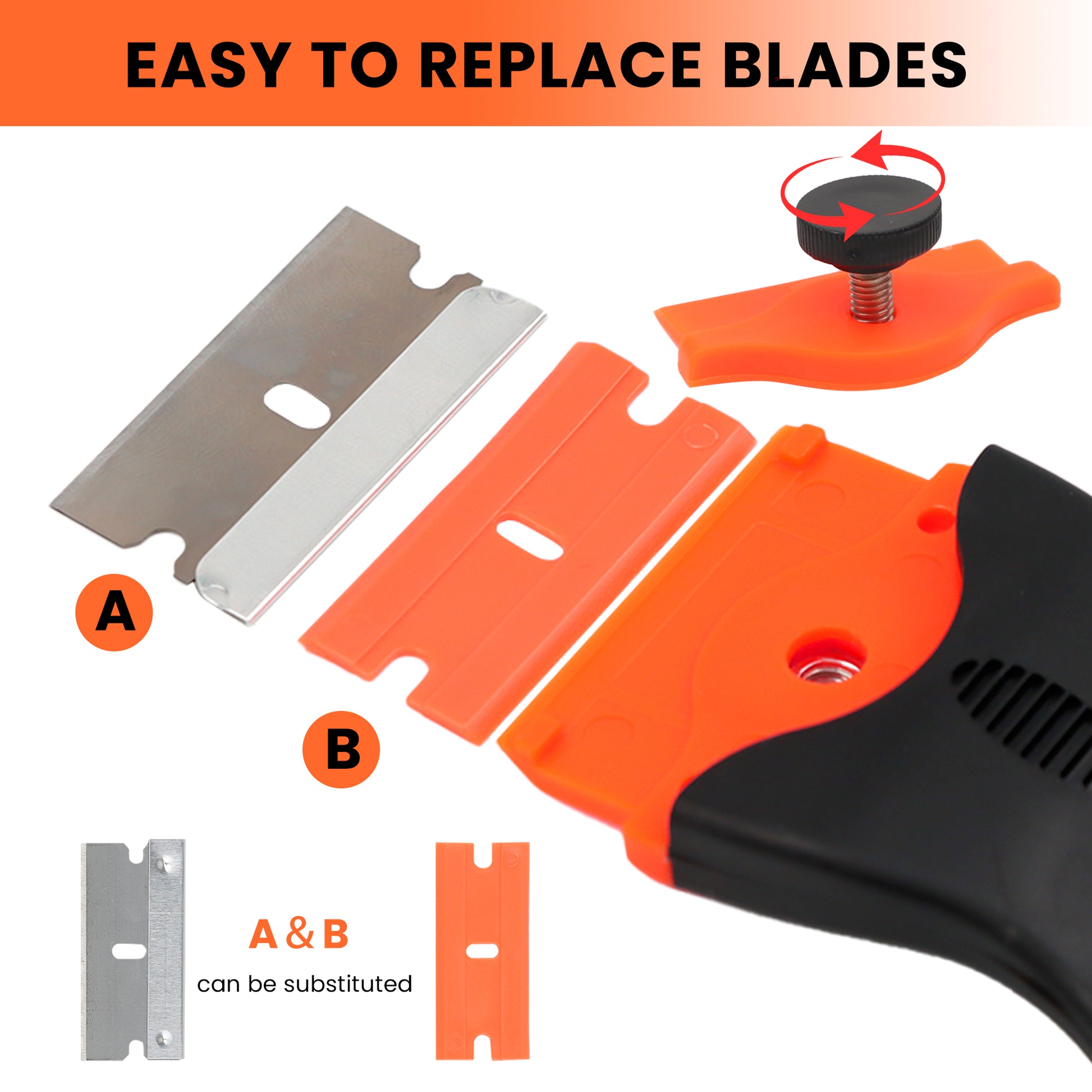 2 Counts Versatile Single-Head Cleaning Scrapers with 20 Blades (10 Plastic and 10 Metal), Easy Blade Replacement, for Removing Stickers Glue Paint from Smooth Surfaces Glass Tiles (Black and Orange)