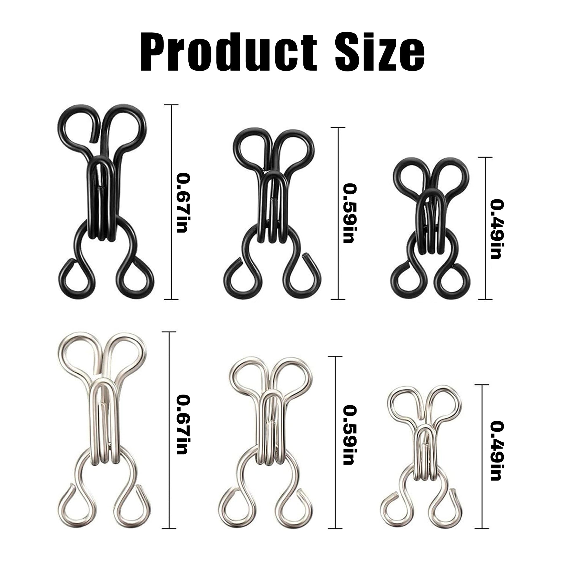 60 Counts  Sewing Hooks and Eyes Closure, 3 Sizes & Dual Colors for DIY Craft (Silver & Black)