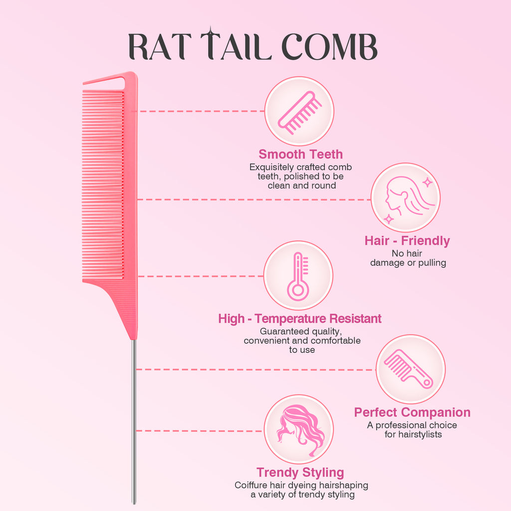 3 Counts Rat Tail Combs with Hook - Professional Fine Tooth Combs for Hair Styling, Parting, and Sectioning - for Home Hair Styling Routines