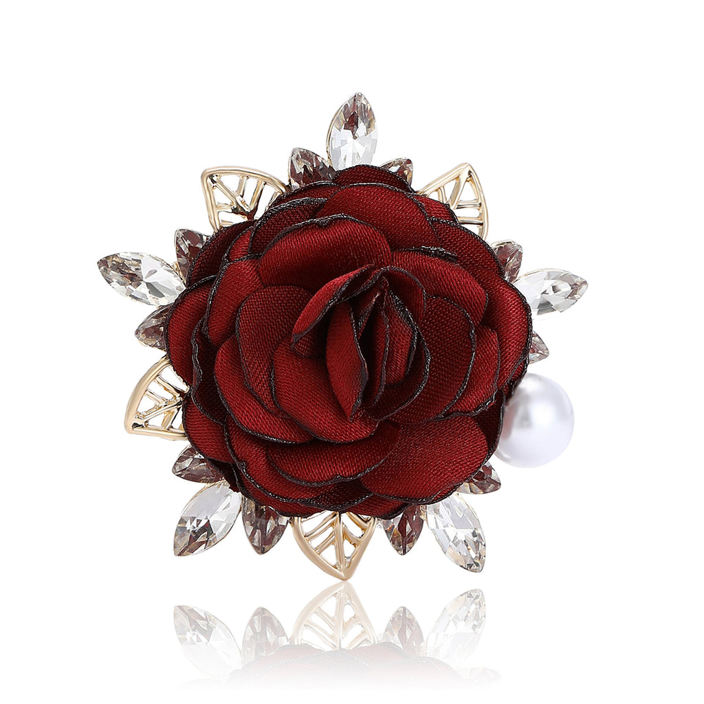 1 Count Rose Flower Brooch, Handcrafted Chiffon with Crystal Pearls for Refined Style