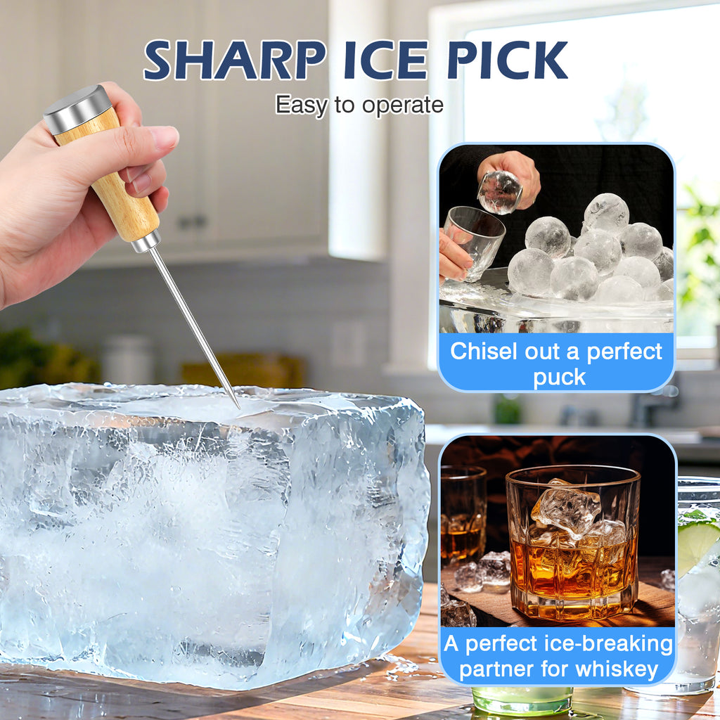 1 Count Wooden Handle Ice Pick, made with sharp stainless steel blade and sturdy wooden handle for breaking hard ice blocks and frozen foods