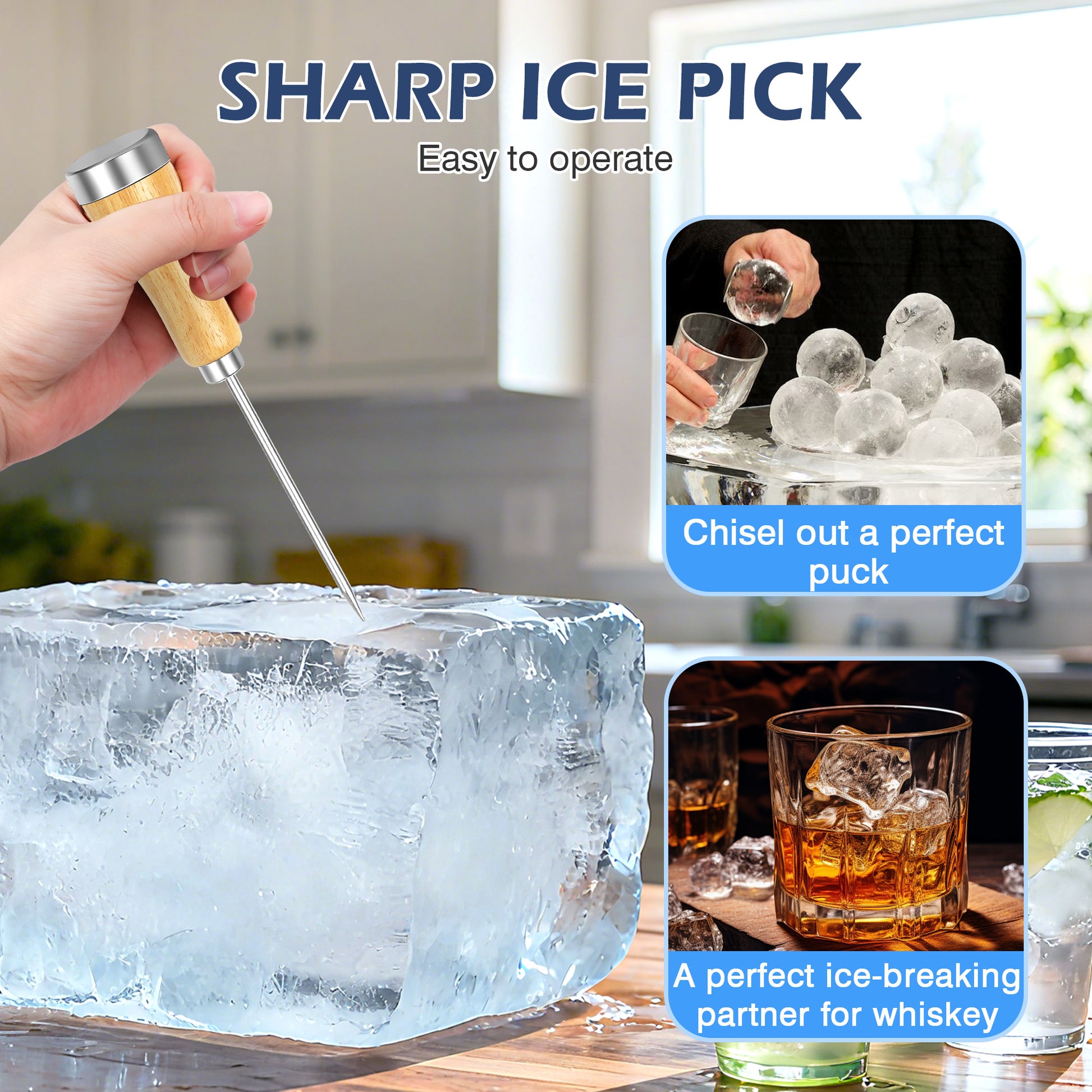 1 Count Wooden Handle Ice Pick, made with sharp stainless steel blade and sturdy wooden handle for breaking hard ice blocks and frozen foods