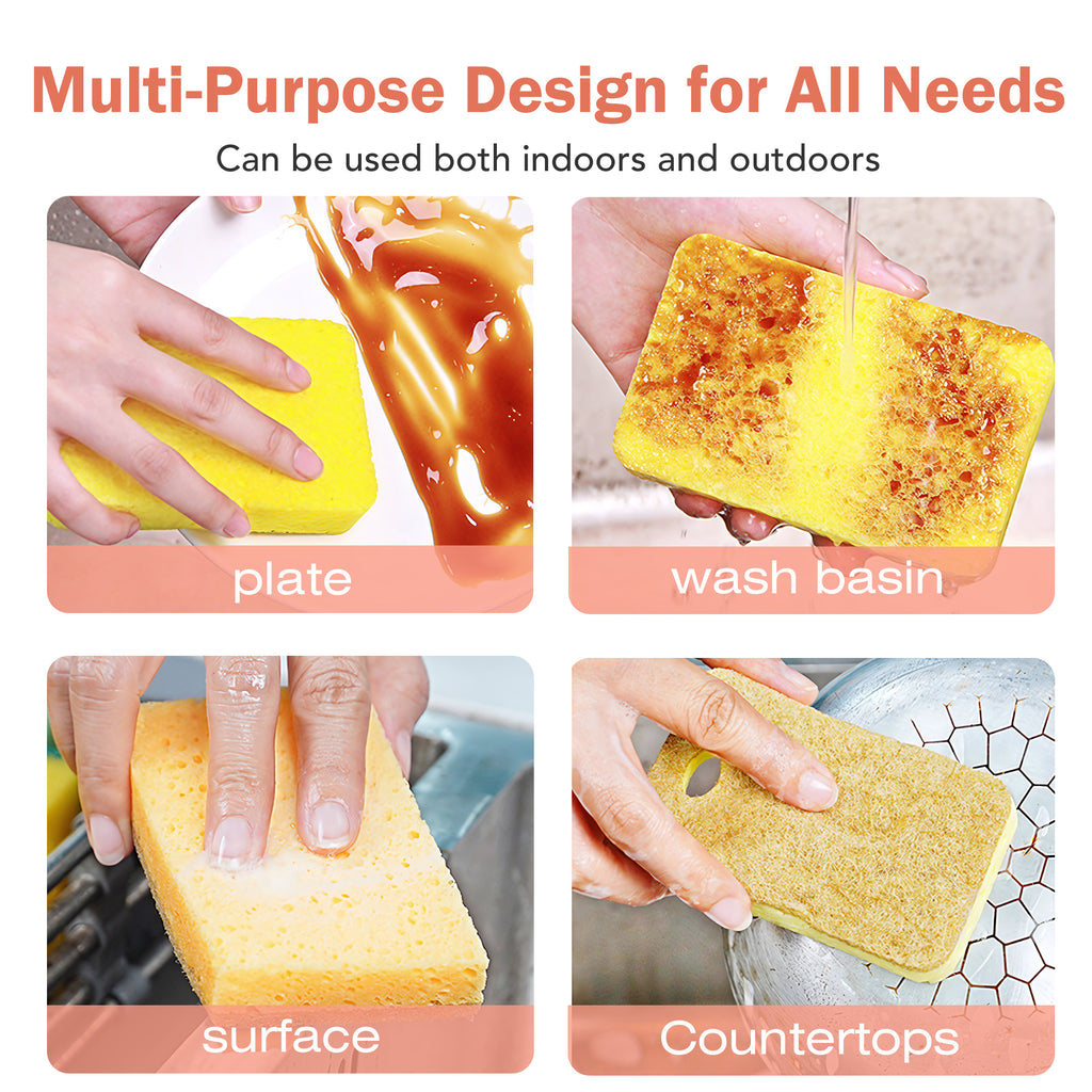 6 Counts Large Cellulose Sponges, thick wood pulp material for dish washing and cookware cleaning, rapid drying design