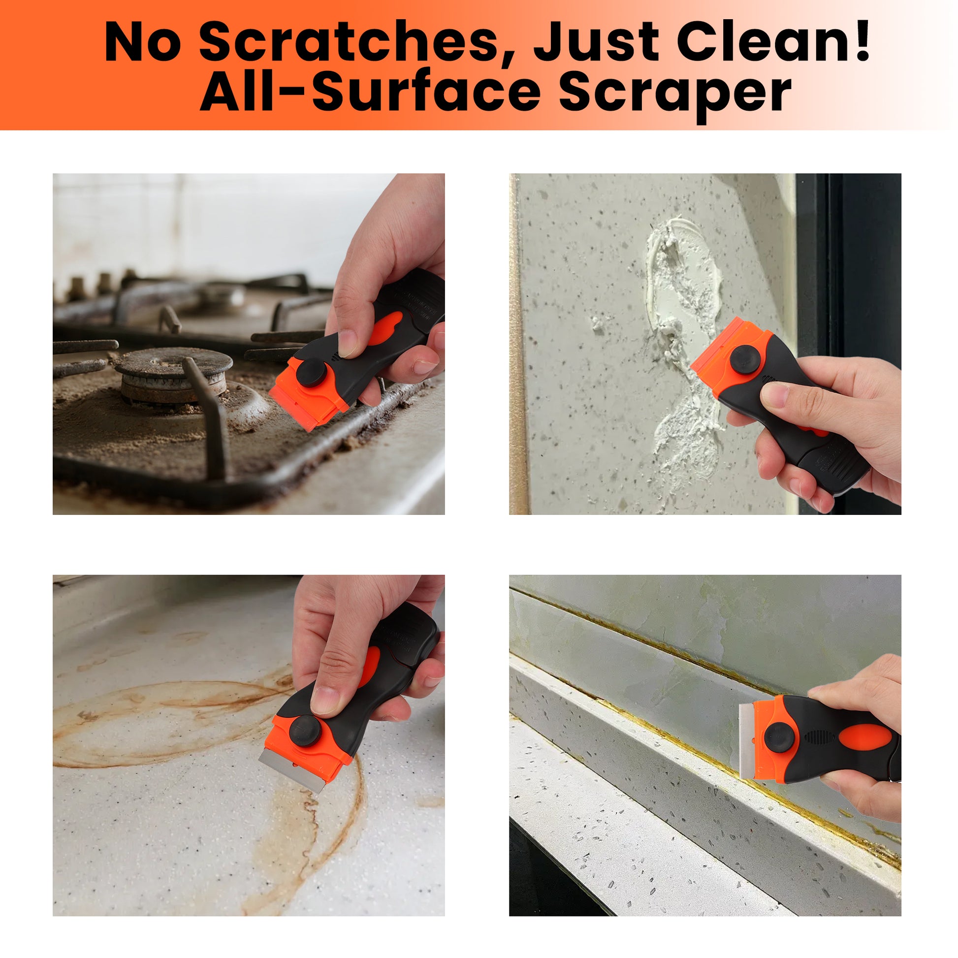 2 Counts Versatile Single-Head Cleaning Scrapers with 20 Blades (10 Plastic and 10 Metal), Easy Blade Replacement, for Removing Stickers Glue Paint from Smooth Surfaces Glass Tiles (Black and Orange)