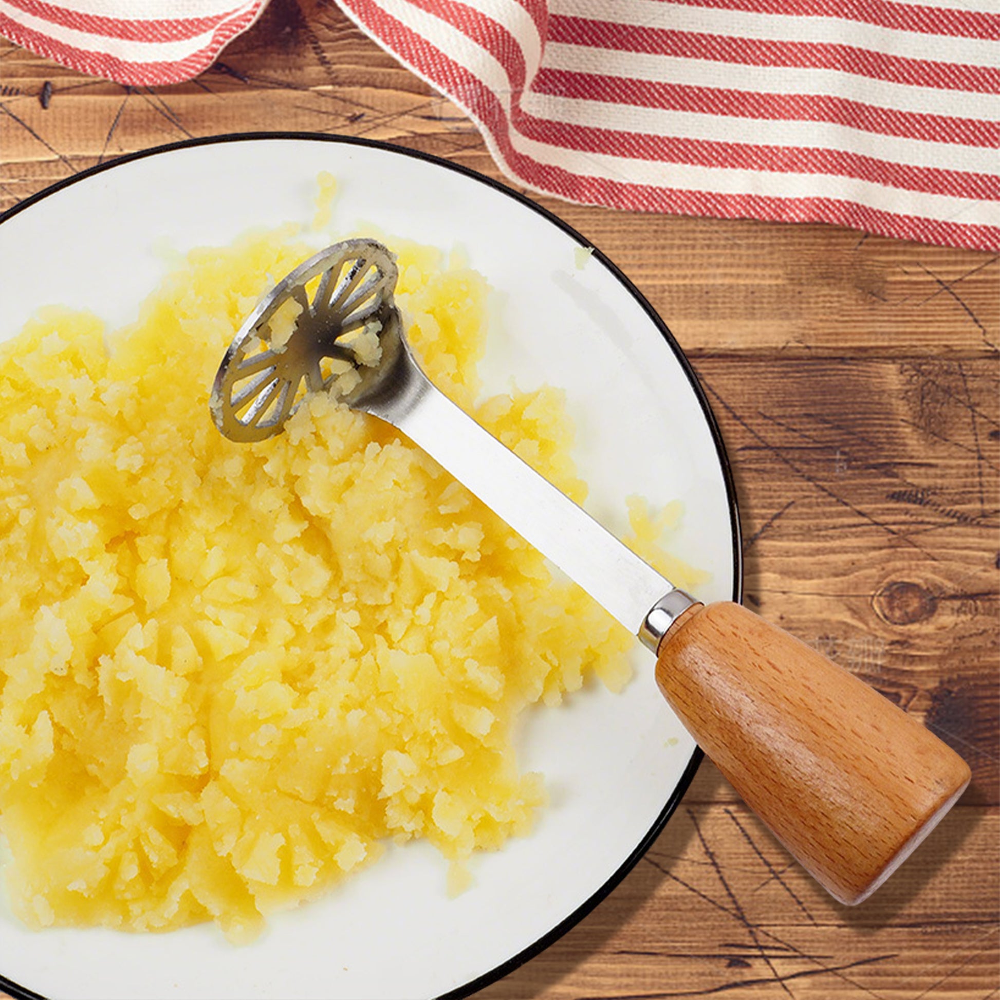 2 Counts Potato Masher, Stainless Steel Masher with Non-Slip Wood Handle for Avocado & Vegetables