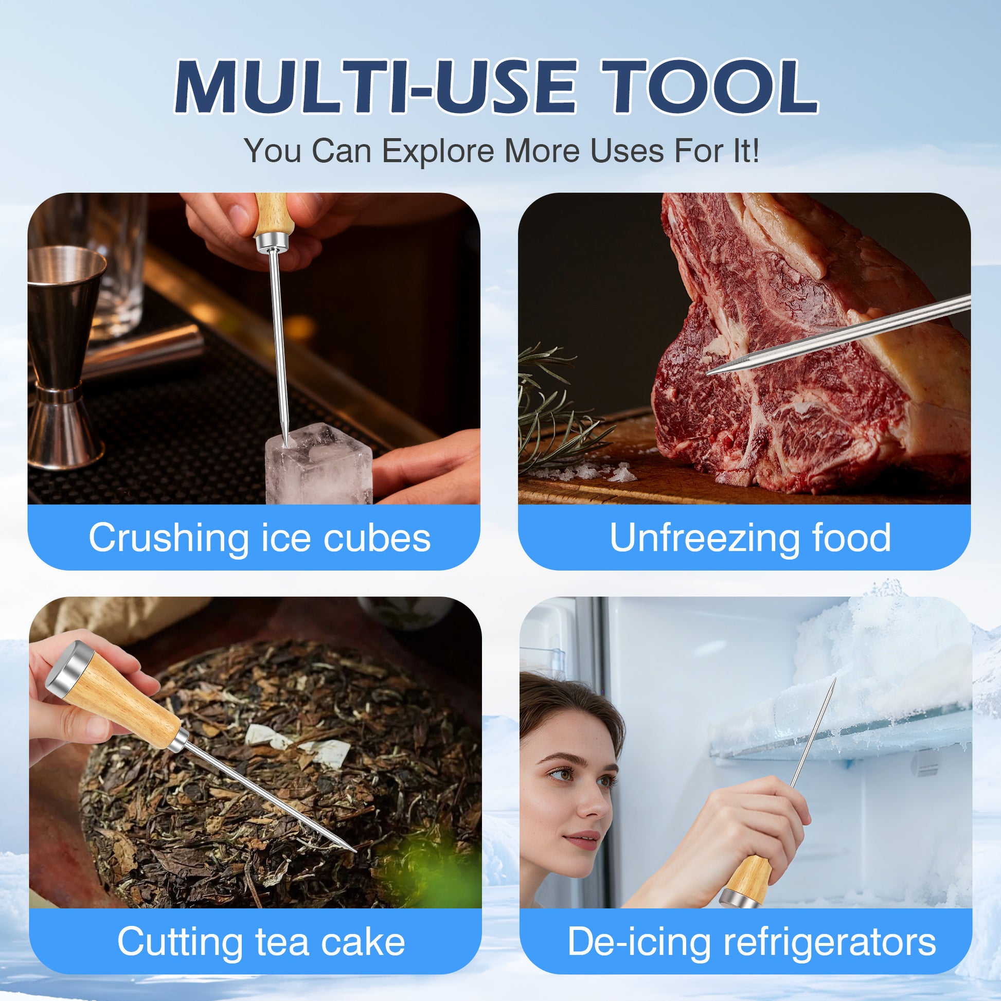 1 Count Wooden Handle Ice Pick, made with sharp stainless steel blade and sturdy wooden handle for breaking hard ice blocks and frozen foods