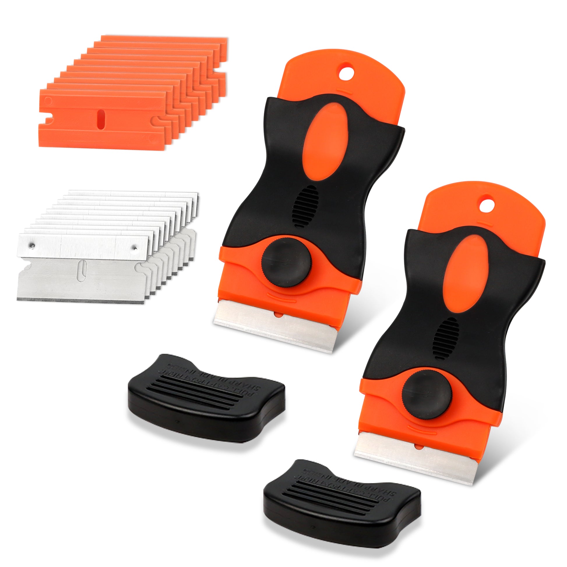2 Counts Versatile Single-Head Cleaning Scrapers with 20 Blades (10 Plastic and 10 Metal), Easy Blade Replacement, for Removing Stickers Glue Paint from Smooth Surfaces Glass Tiles (Black and Orange)
