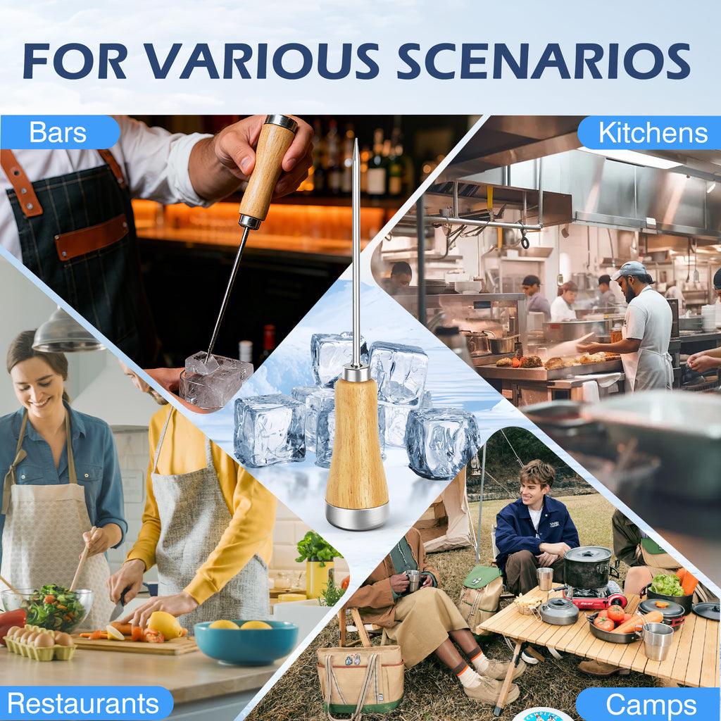 1 Count Wooden Handle Ice Pick, made with sharp stainless steel blade and sturdy wooden handle for breaking hard ice blocks and frozen foods